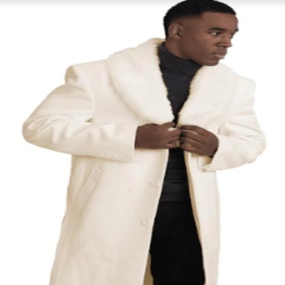 Mens Overcoat With Fur Collar - Ivory Topcoat - Picture 1 of 2